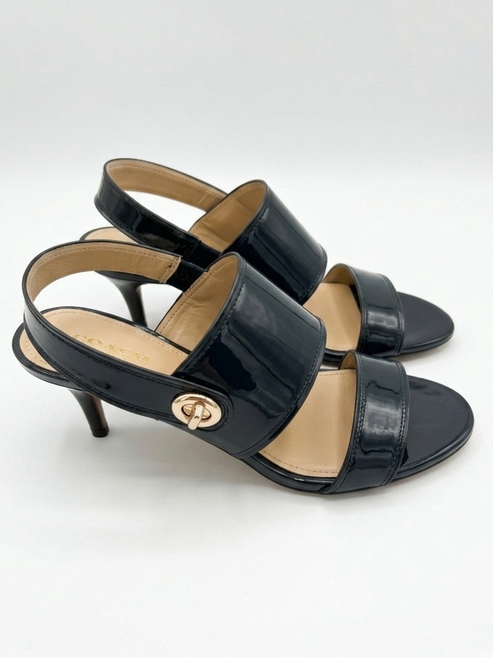 Coach Marla Navy Patent Leather Open-Toe Slingback Heels with Gold Turnlock